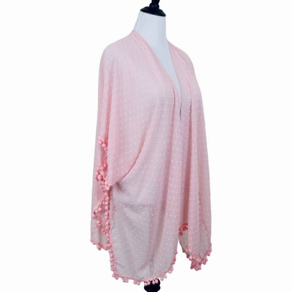 Sheer Chiffon Swiss Dot Kimono Robe One Size Negligee Pom Pom Pink - Picture 6 of 10